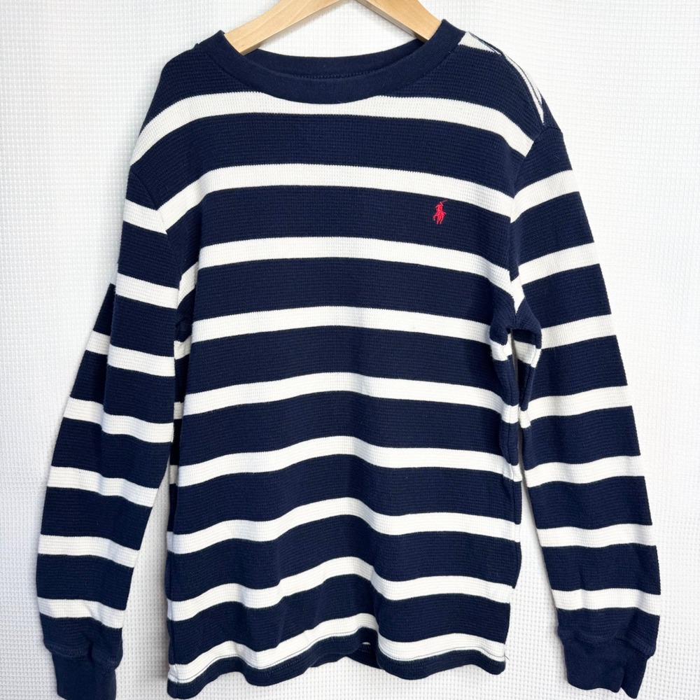 Polo Ralph Lauren Kids Navy White Striped Waffle Knit Thermal Shirt Size 7 Boys